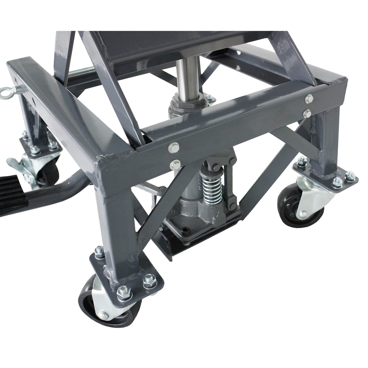 Motorcycle sccissor lift close-up of a mechanical lifting device with metal frame and wheels on a white background