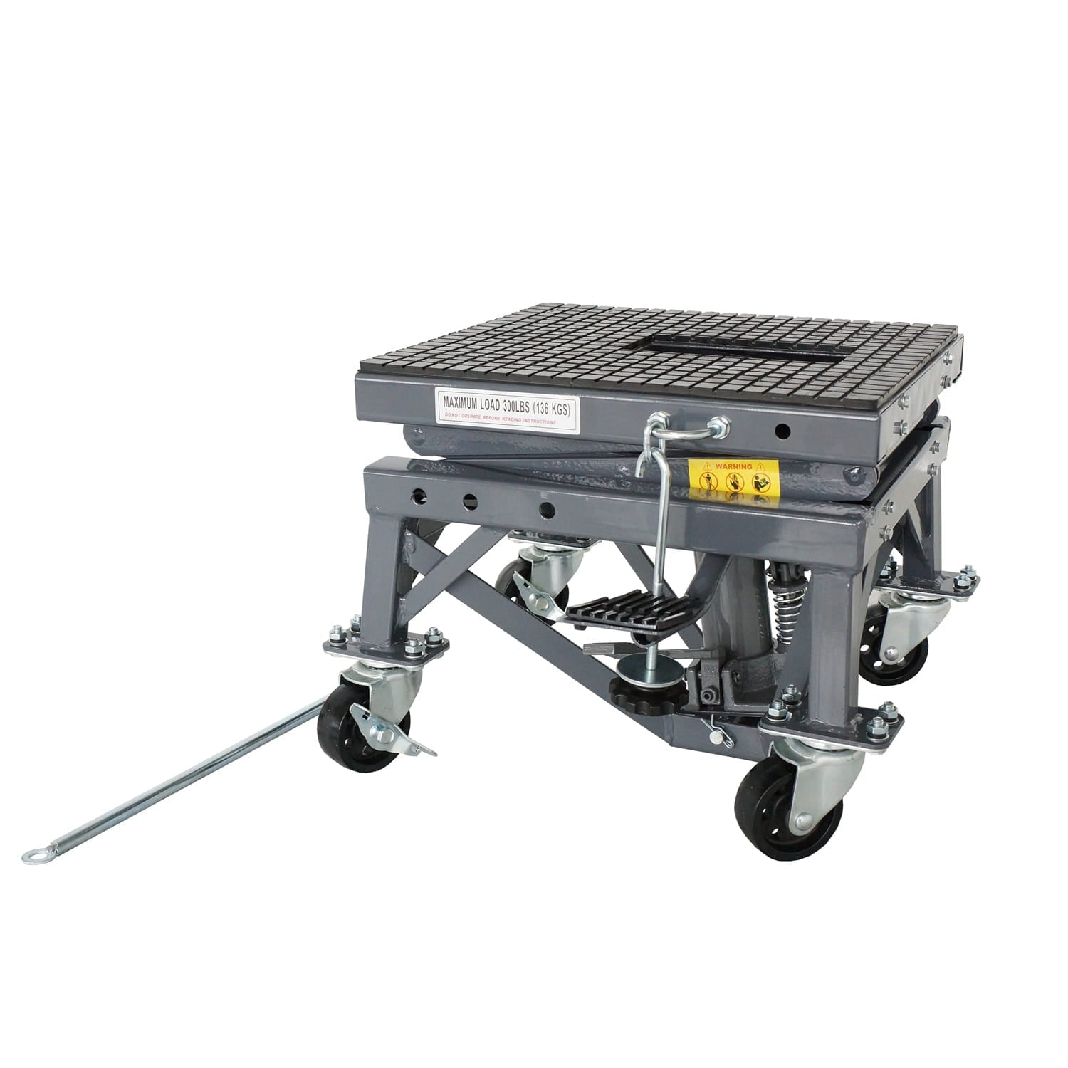 Motorcycle scissor lift with wheels on a white background