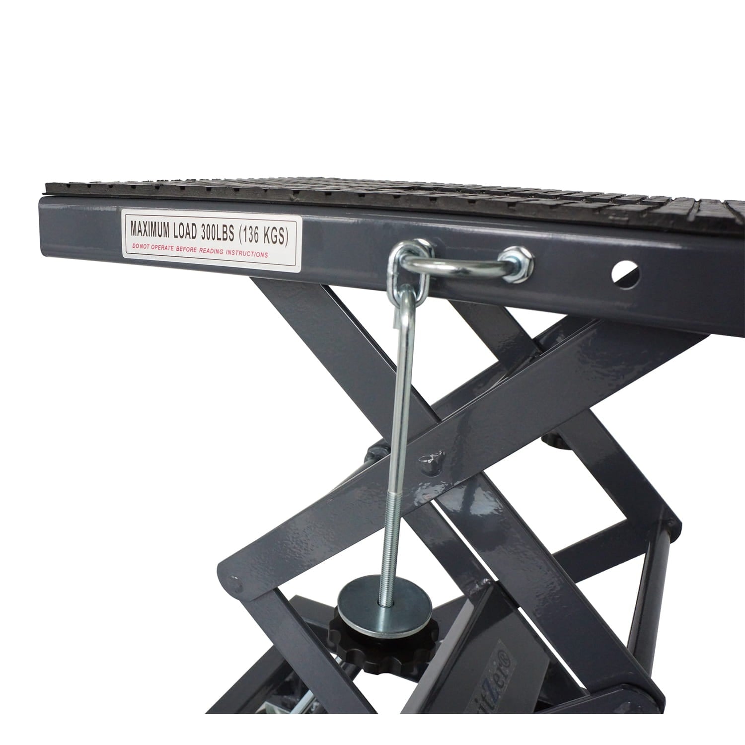 Motorcycle scissor lift platform with maximum load capacity label on a white background