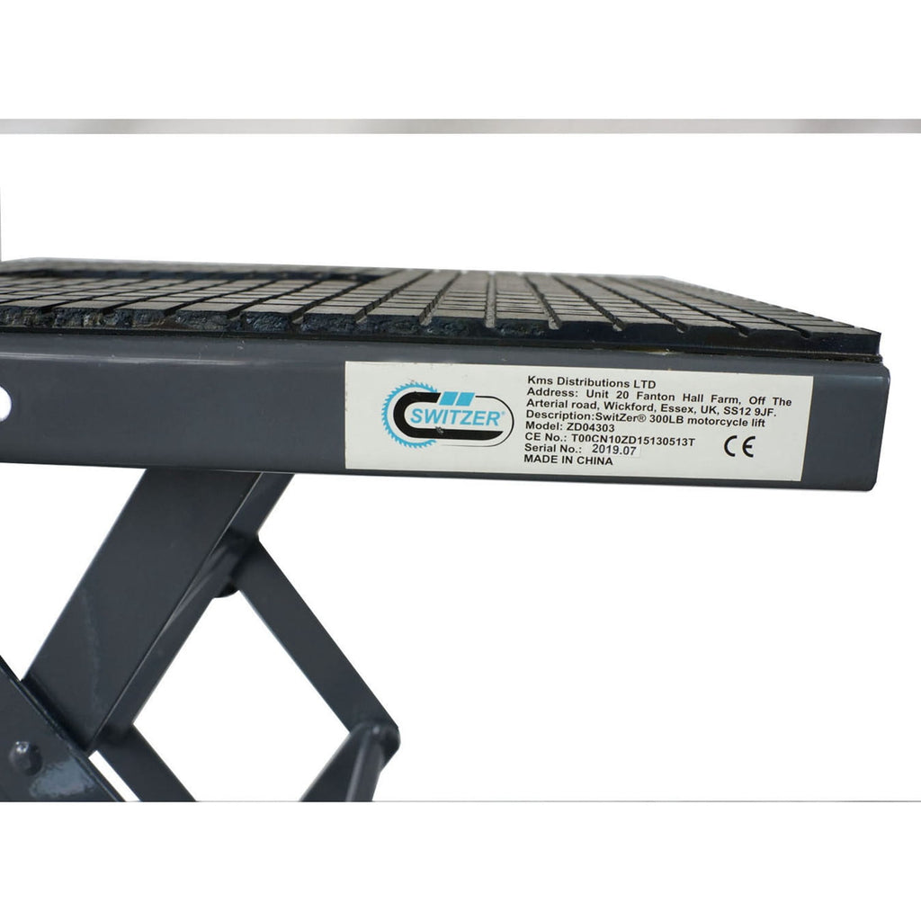 Black motorcycle scissor lift with Switzer logo and branding on a white background