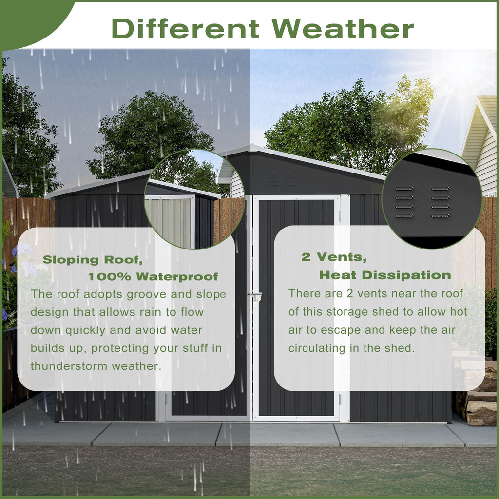 Storage shed with features highlighted for different weather conditions