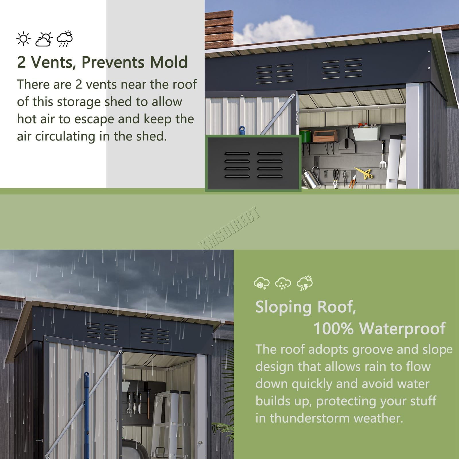 Storage pent roof shed with text explaining vents and sloping roof design