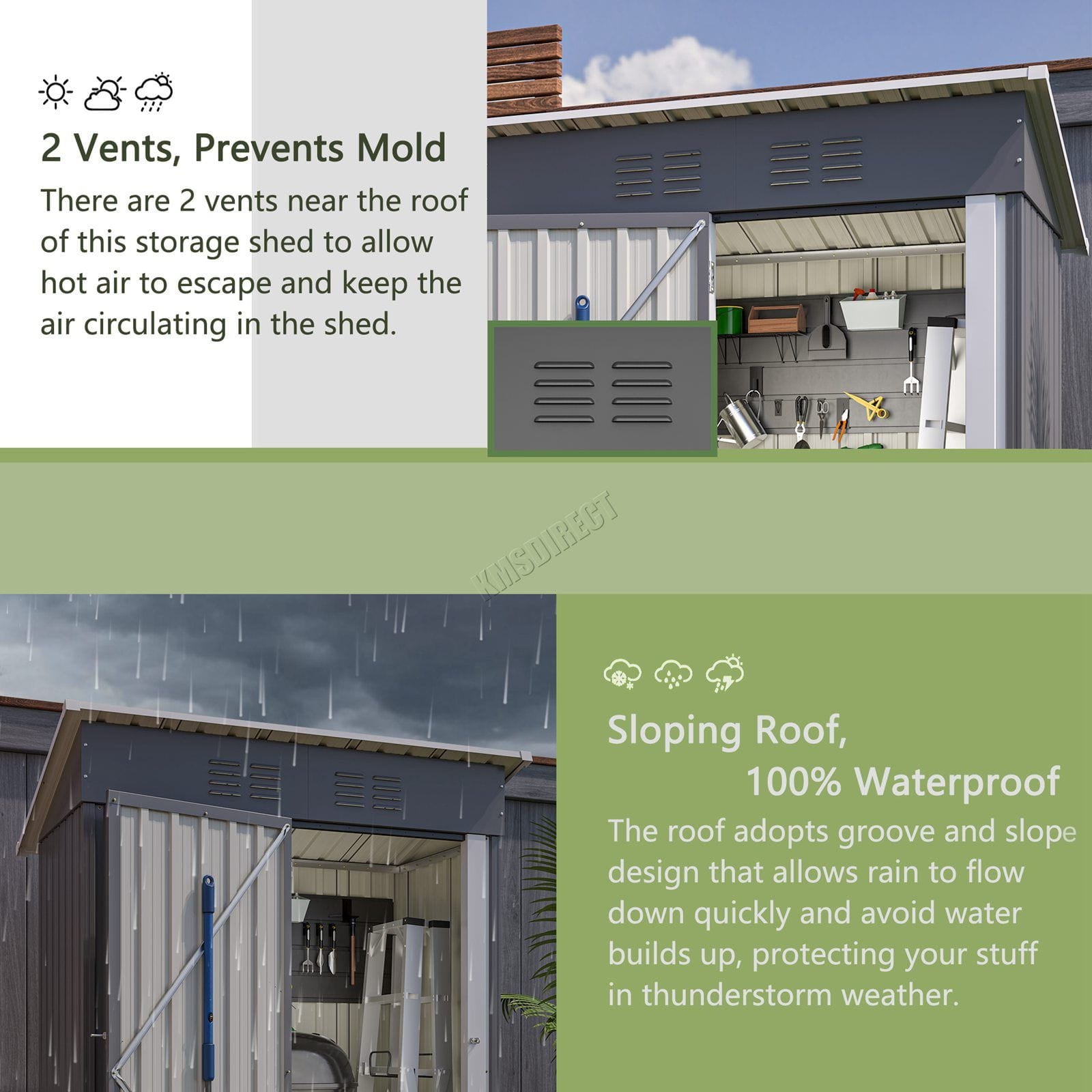 Storage garden pent roof shed with text about vents and sloping roof design.