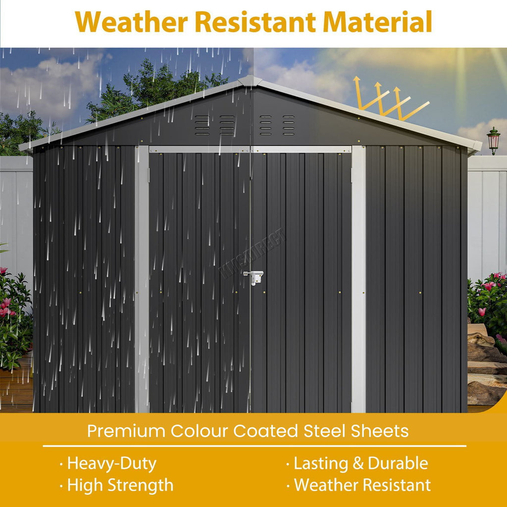 Anthracite metal shed with rain simulation, highlighting weather-resistant material.
