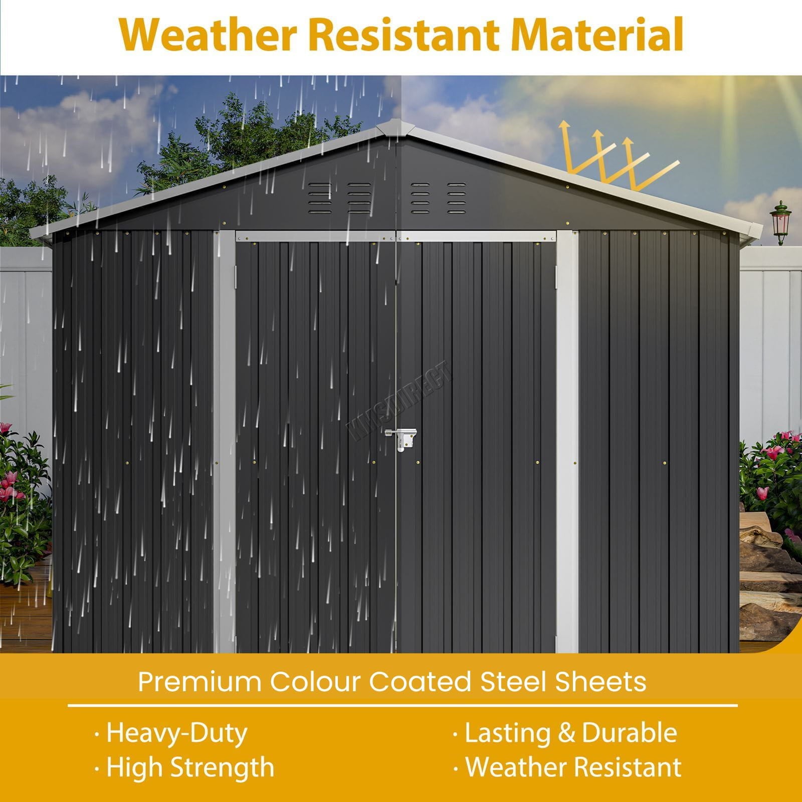 Anthracite metal shed with rain simulation, highlighting weather-resistant material.