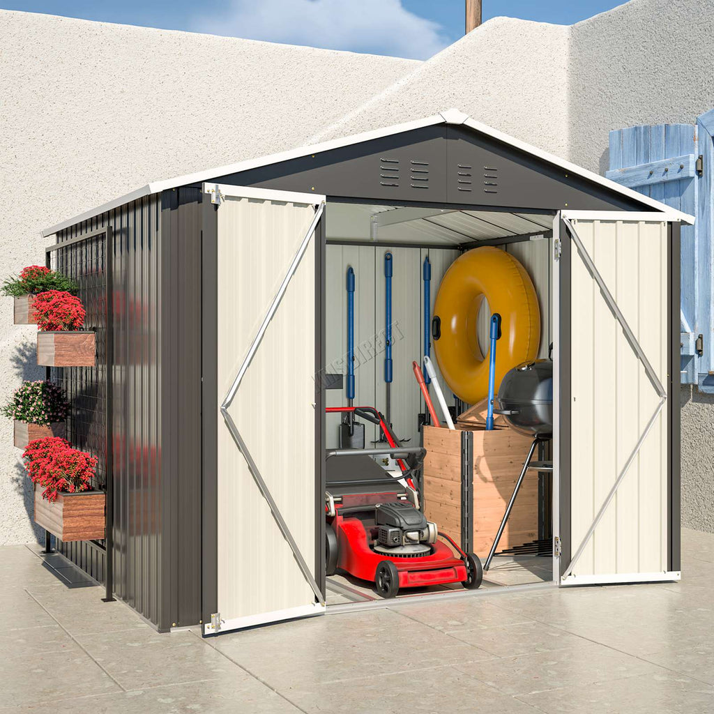 Garden shed with apex roof and open doors showing garden equipment in a sunny background.