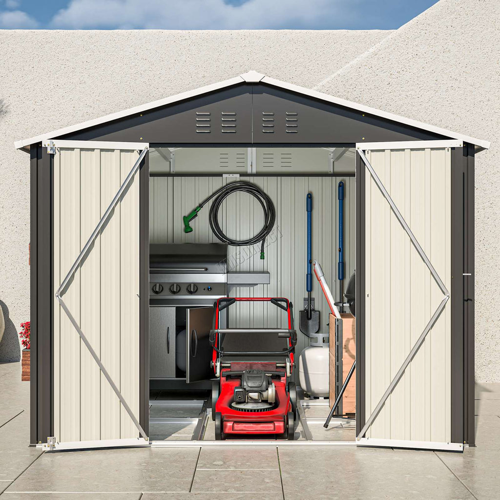 Anthracite garden shed with apex roof and open doors on a sunny background!