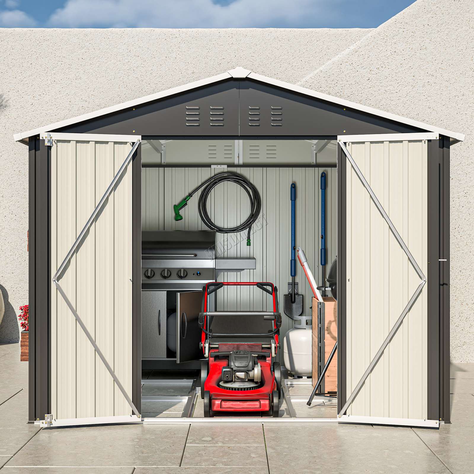 Anthracite garden shed with apex roof and open doors on a sunny background!
