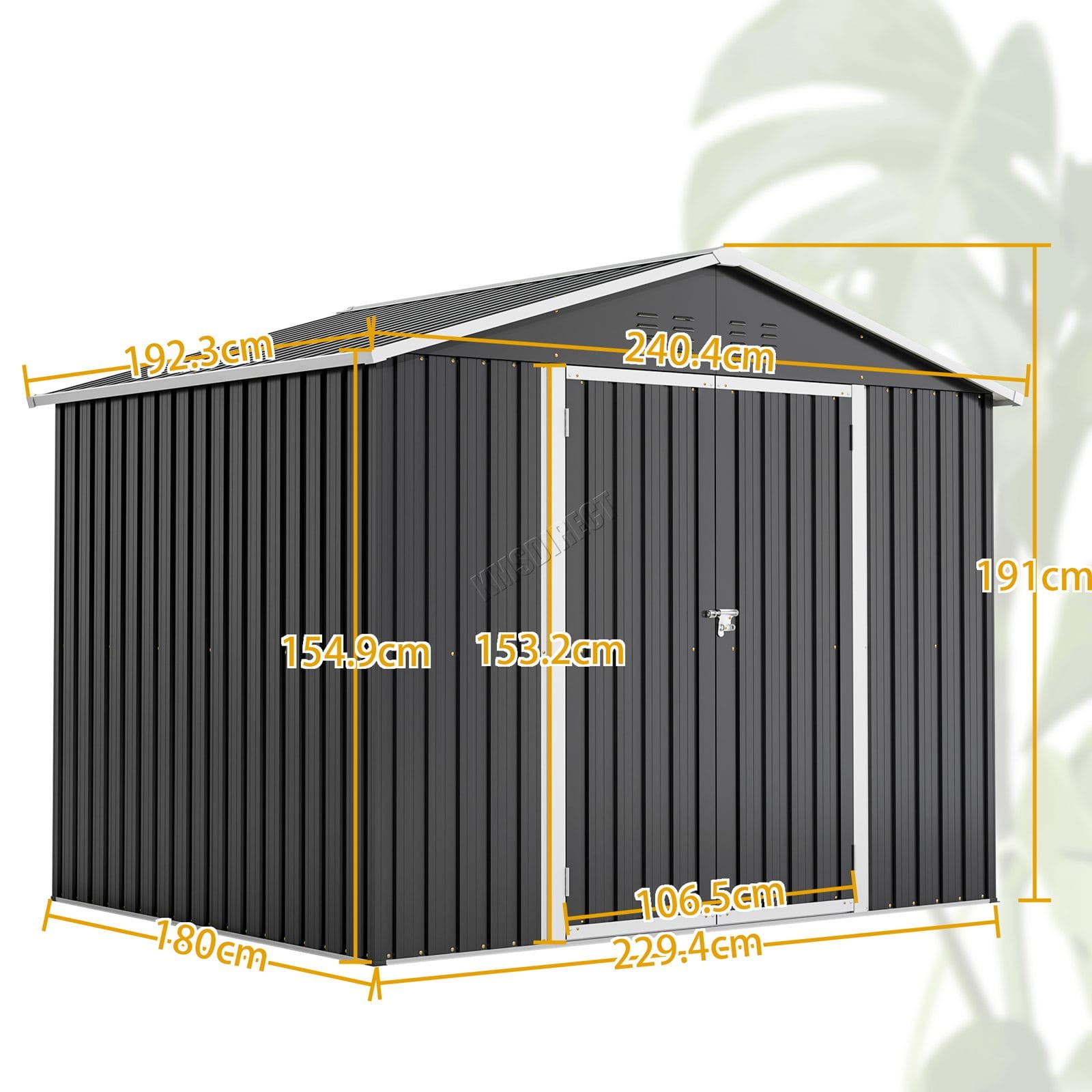 Garden storage shed with apex roof and labelled dimensions on a white background.
