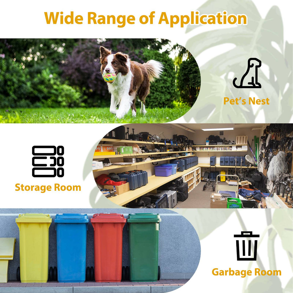 template showing ways to use the garden apex roof shed, including: Pets room, storage room or garbage room.