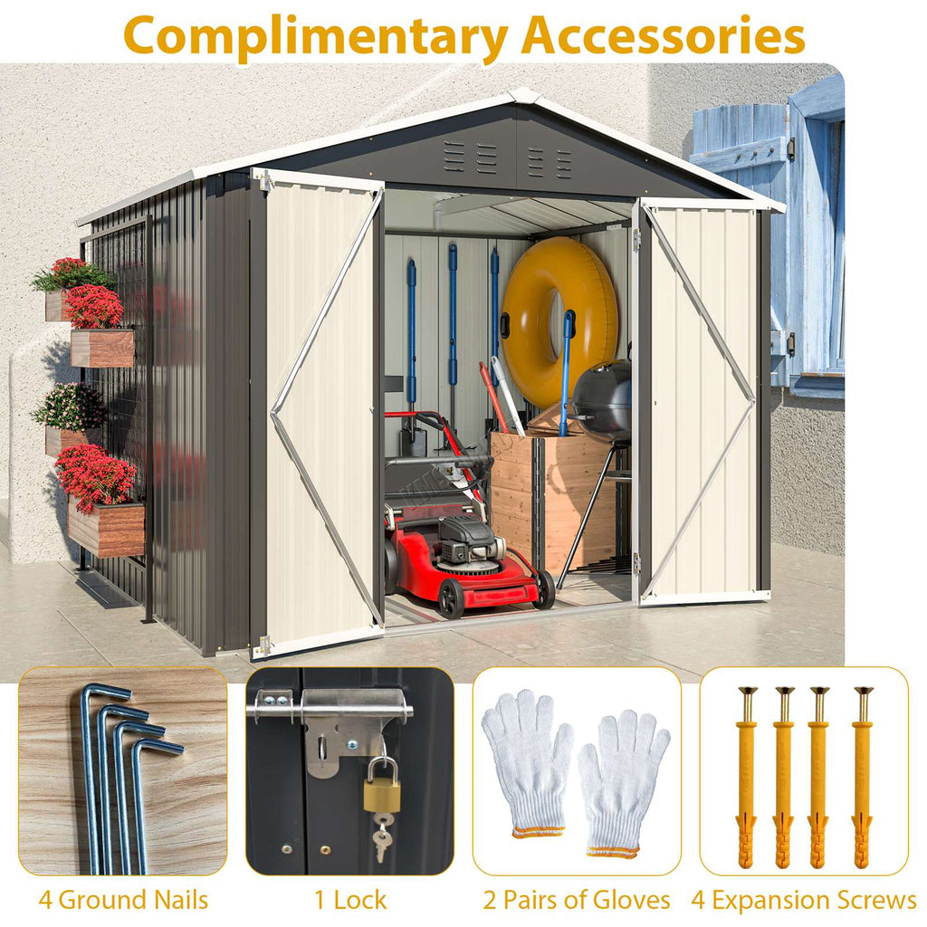 Anthracite garden shed with apex roof with images of complimentary accessories.
