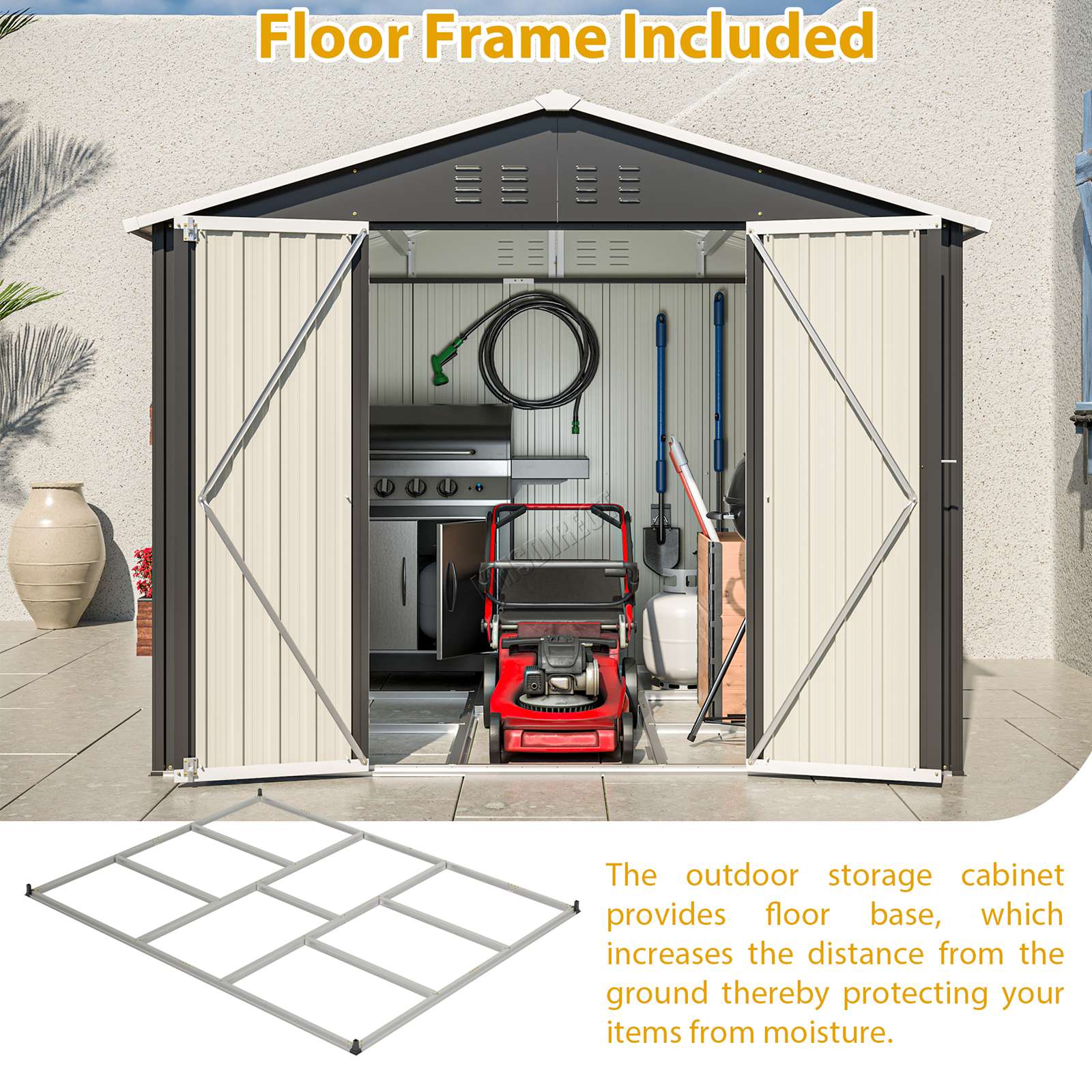 Anthracie garden shed apex roof with text emphasising floor frame included and a corresponding image.