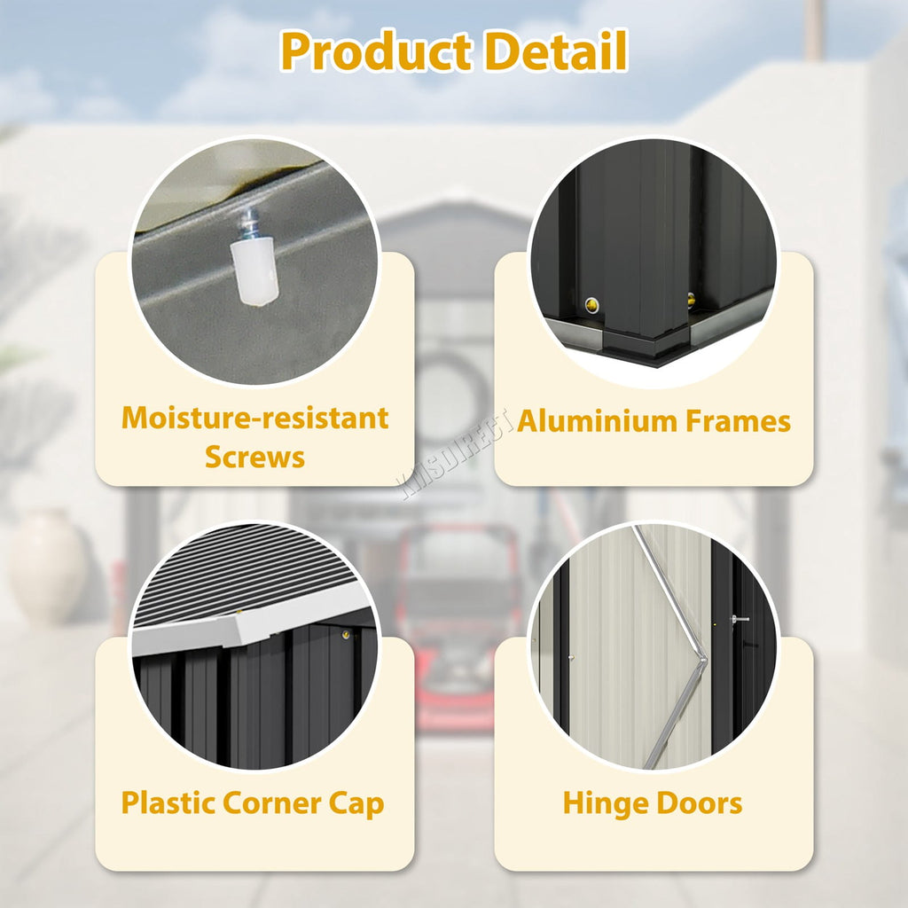 image showing product details of garden shed with apex roof including: moisture resistant screws, aluminum frames, plastic corner cap and hinge doors.