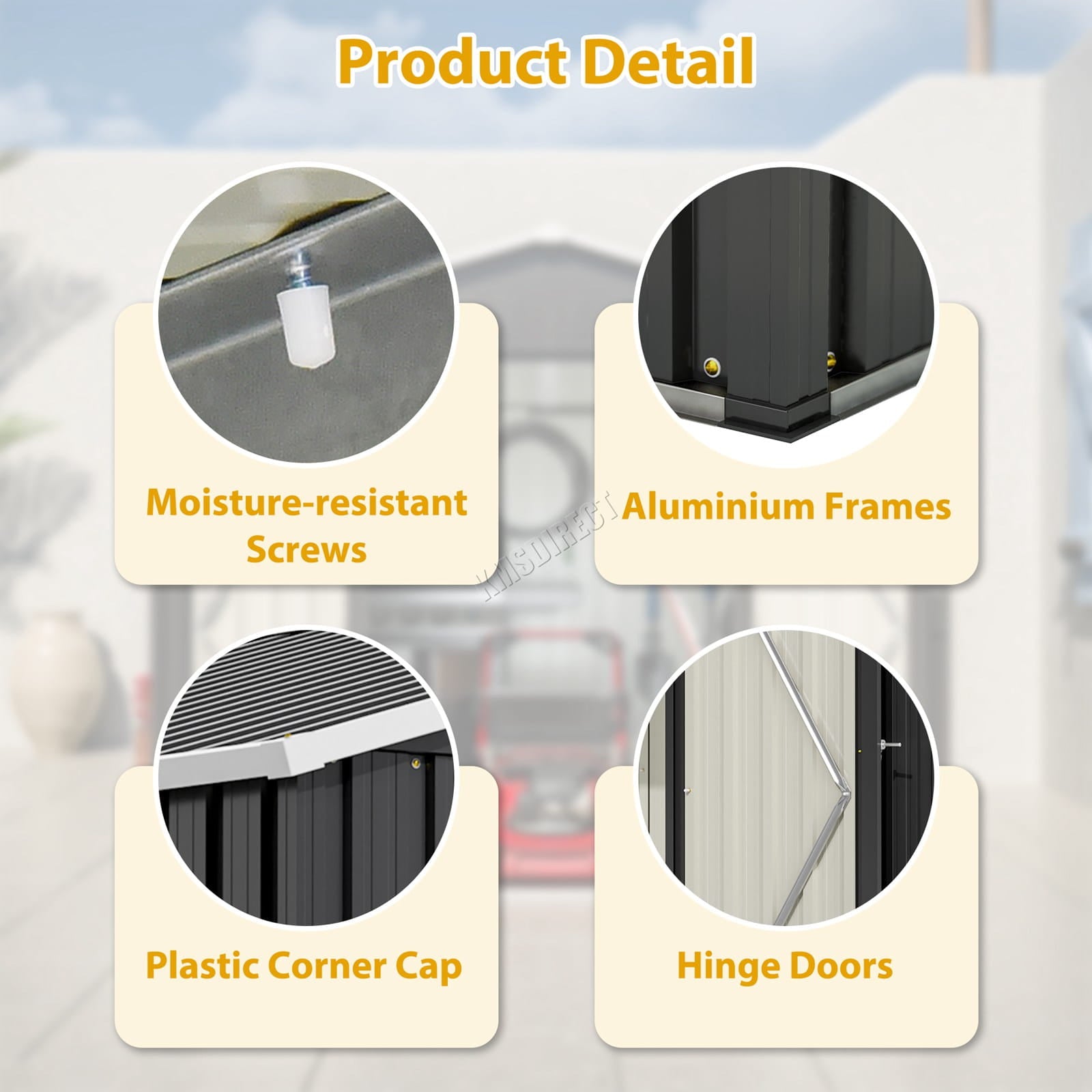 image showing product details of garden shed with apex roof including: moisture resistant screws, aluminum frames, plastic corner cap and hinge doors.