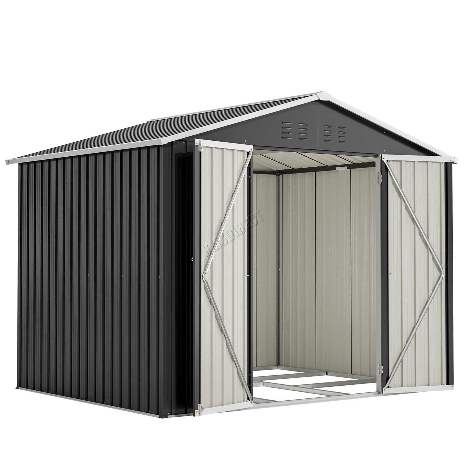 Garden storage shed with apex roof and open doors on a white background.