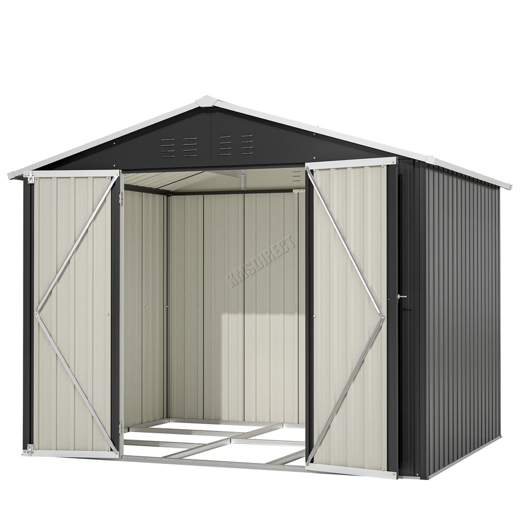 Anthracite garden shed with apex roof and open doors on a white background. 