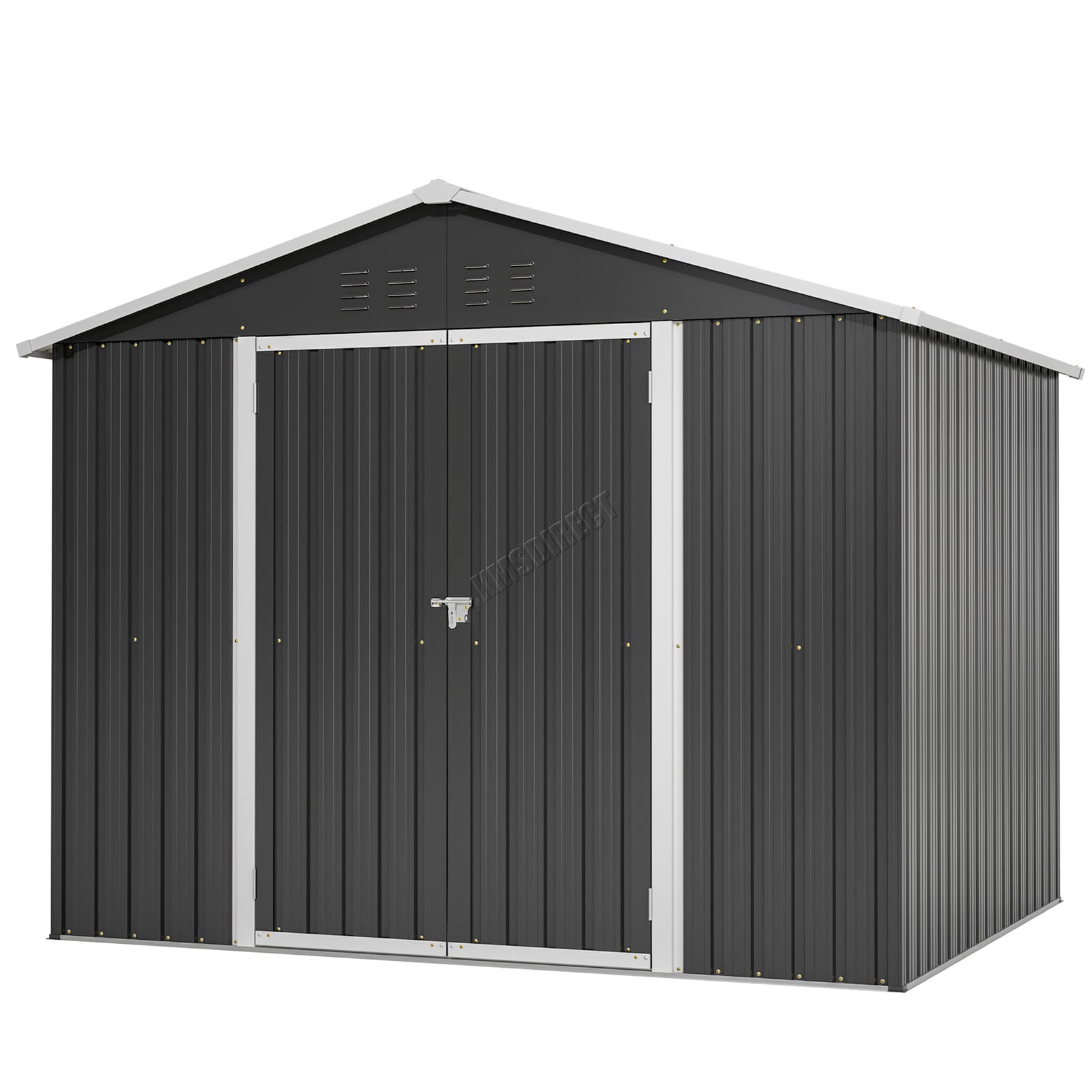 Garden shed with apex roof with locked doors on a white background.