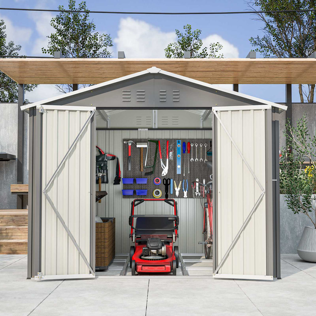 Grey garden shed with an apex roof with open doors filled with garden equipment  