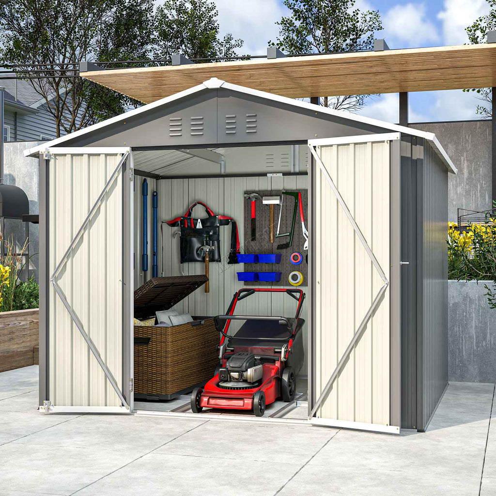 Grey garden shed with apex roof and open doors showing garden equipment in a garden setting.
