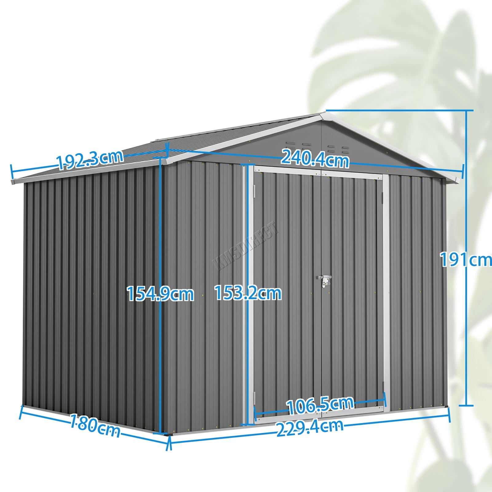 Grey garden shed with an apex roof with labelled dimensions on white background.