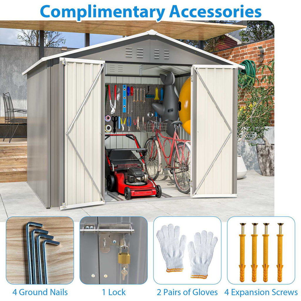Grey garden shed with apex roof and images showing the complimentary accessories included.