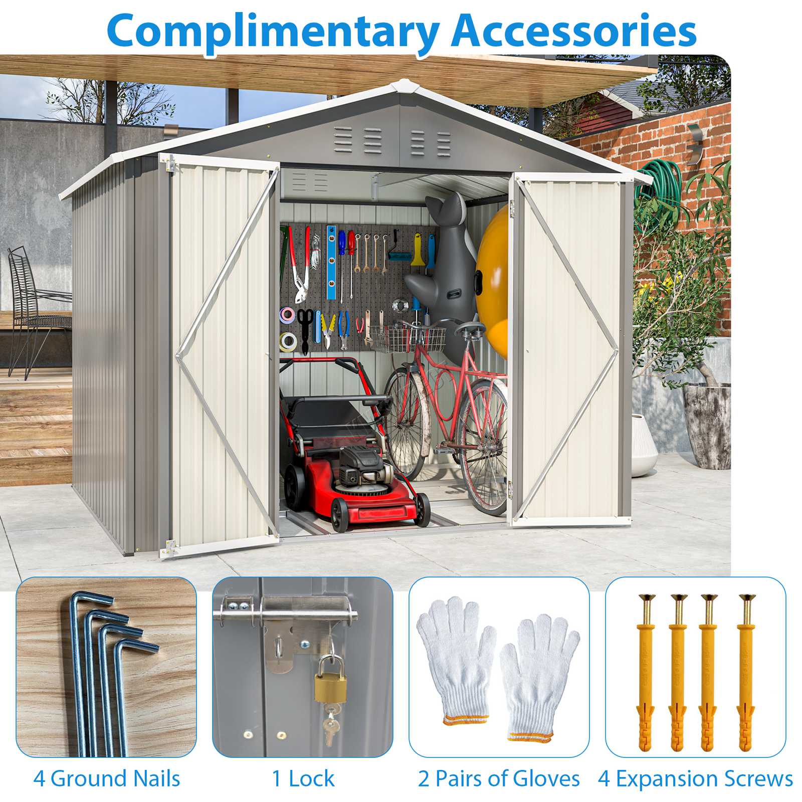 Grey garden shed with apex roof and images showing the complimentary accessories included.