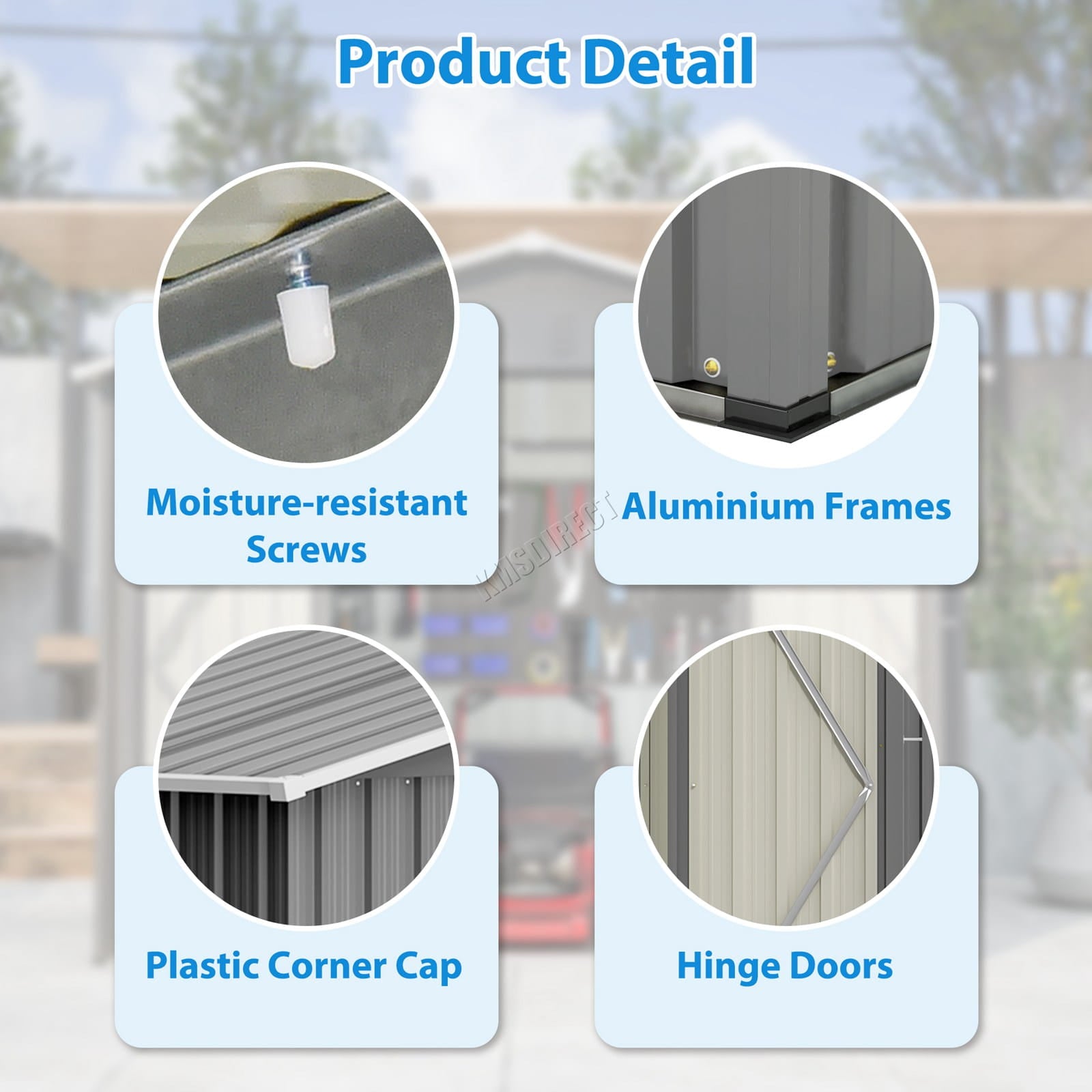 Product details of the garden shed with apex roof including moisture-resistant screws, aluminium frames, plastic corner caps and hinged doors. 