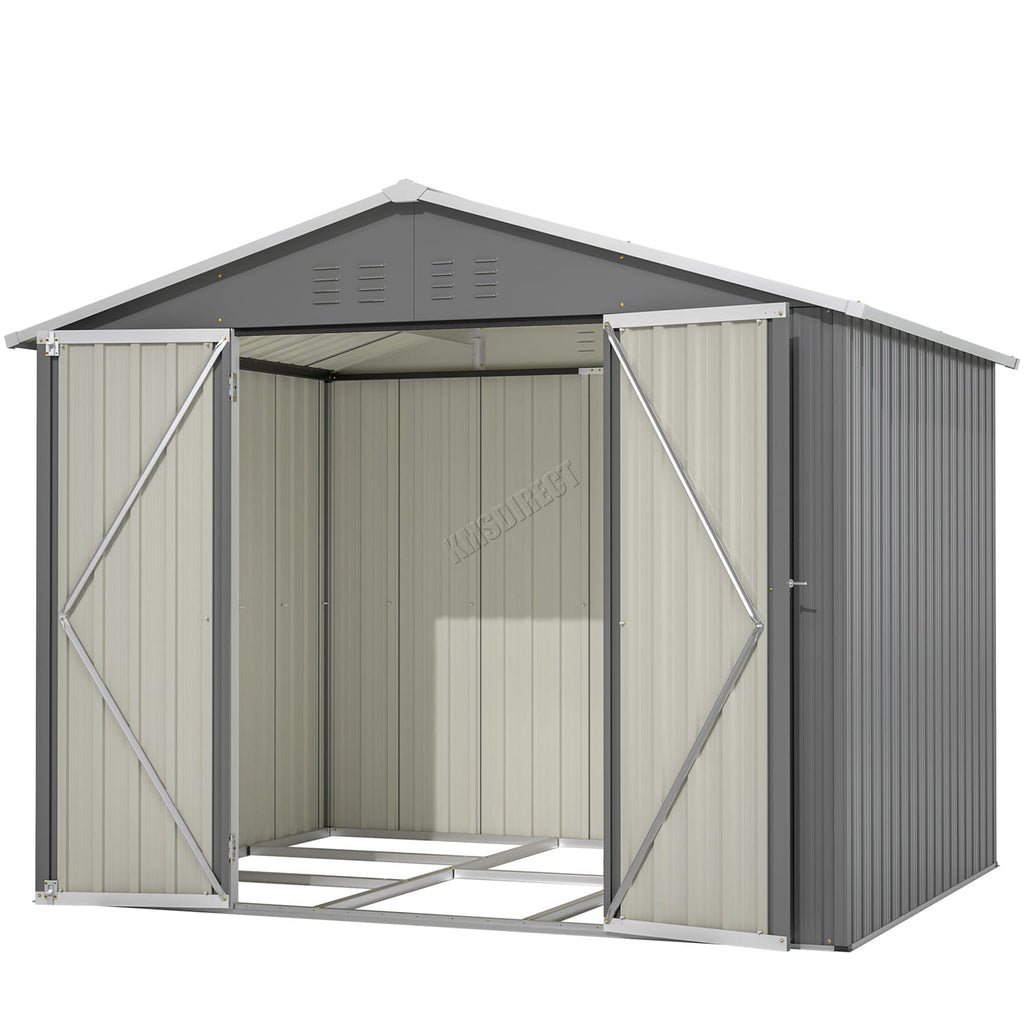Garden shed with apex roof and open doors on a white background.