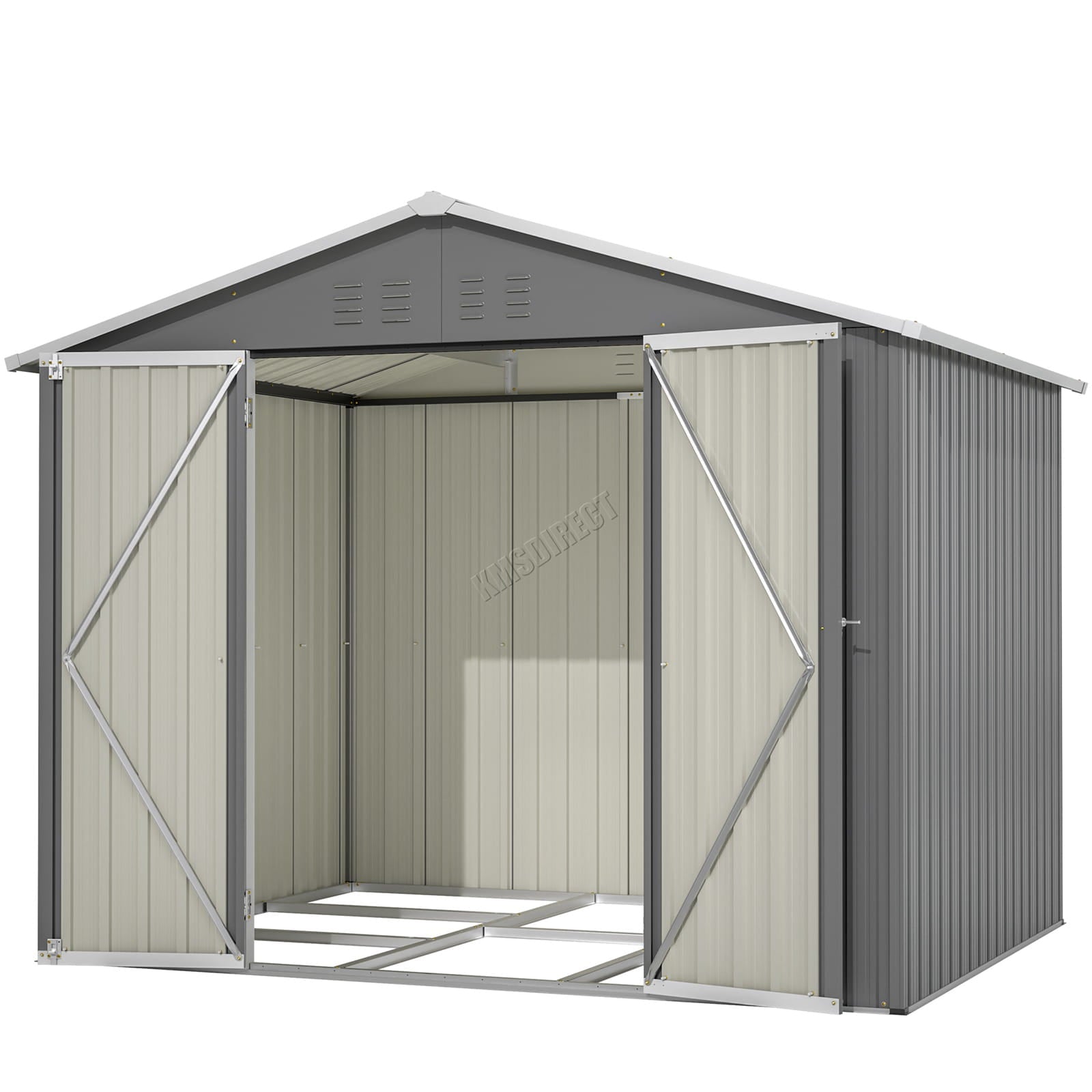 Garden shed with apex roof and open doors on a white background.