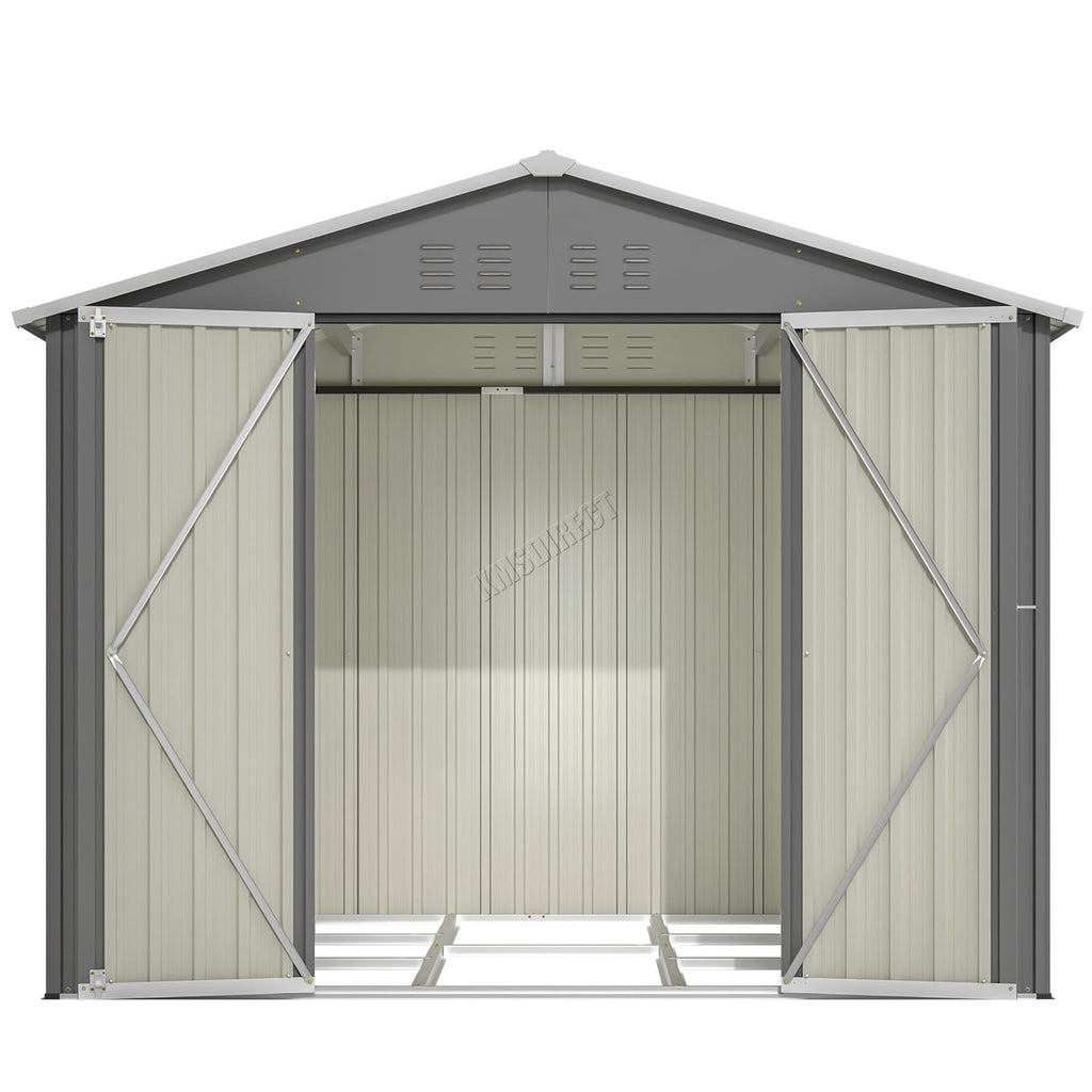 Garden storage shed with apex roof and open doors on a white background.