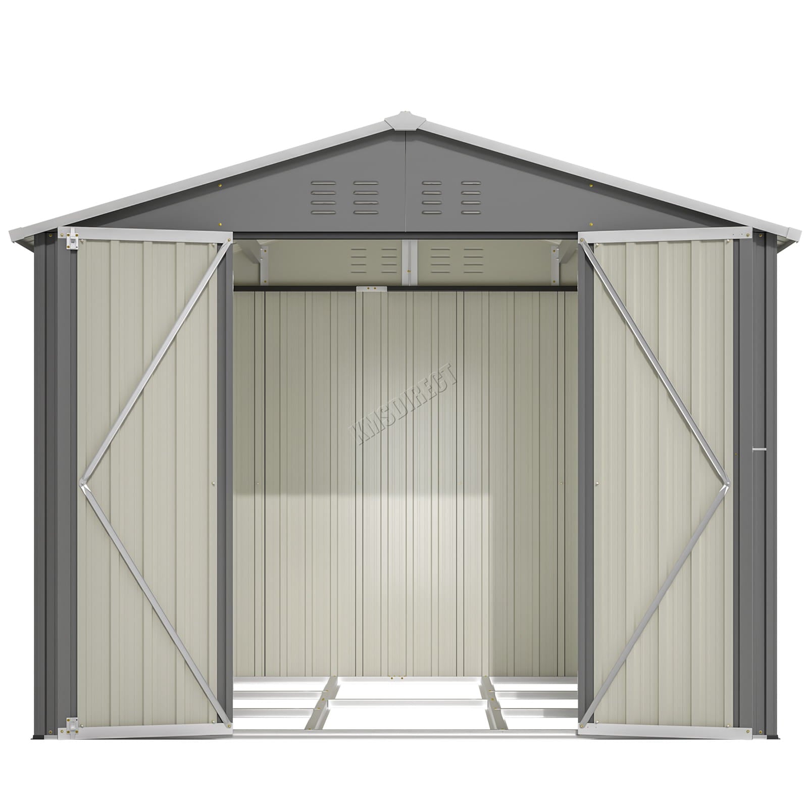 Garden storage shed with apex roof and open doors on a white background.