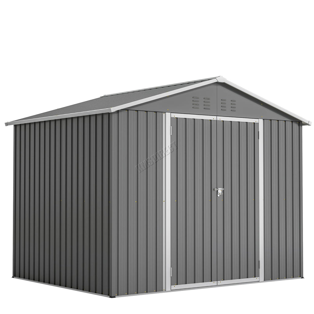 Grey garden storage shed with apex roof on a white background.