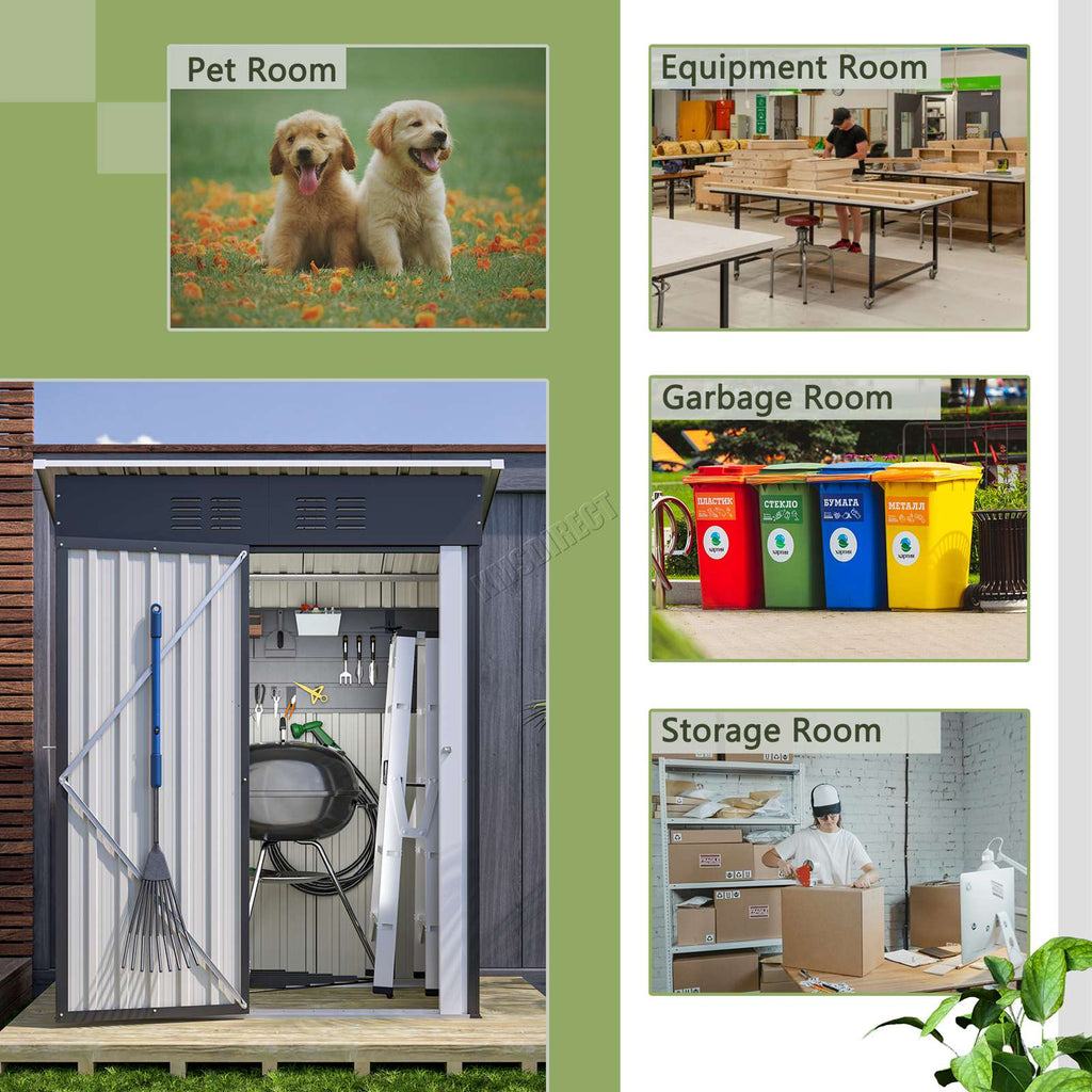 collage of different rooms the pent roof garden shed can be used for including: Pet Room, Equipment Room, Garbage Room, Storage Room. 
