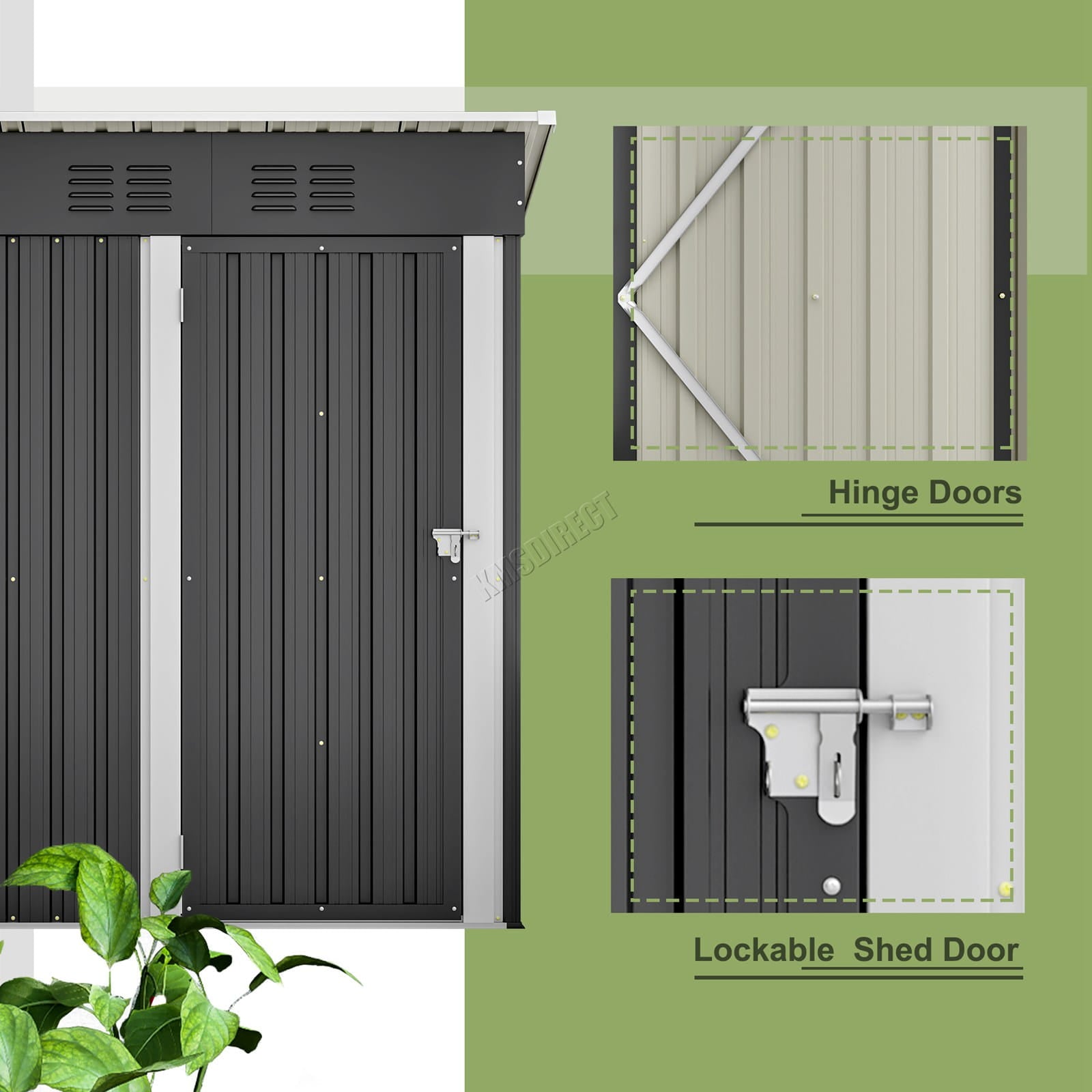 Anthracite metal pent roof shed with lockable door and hinge doors on a green background