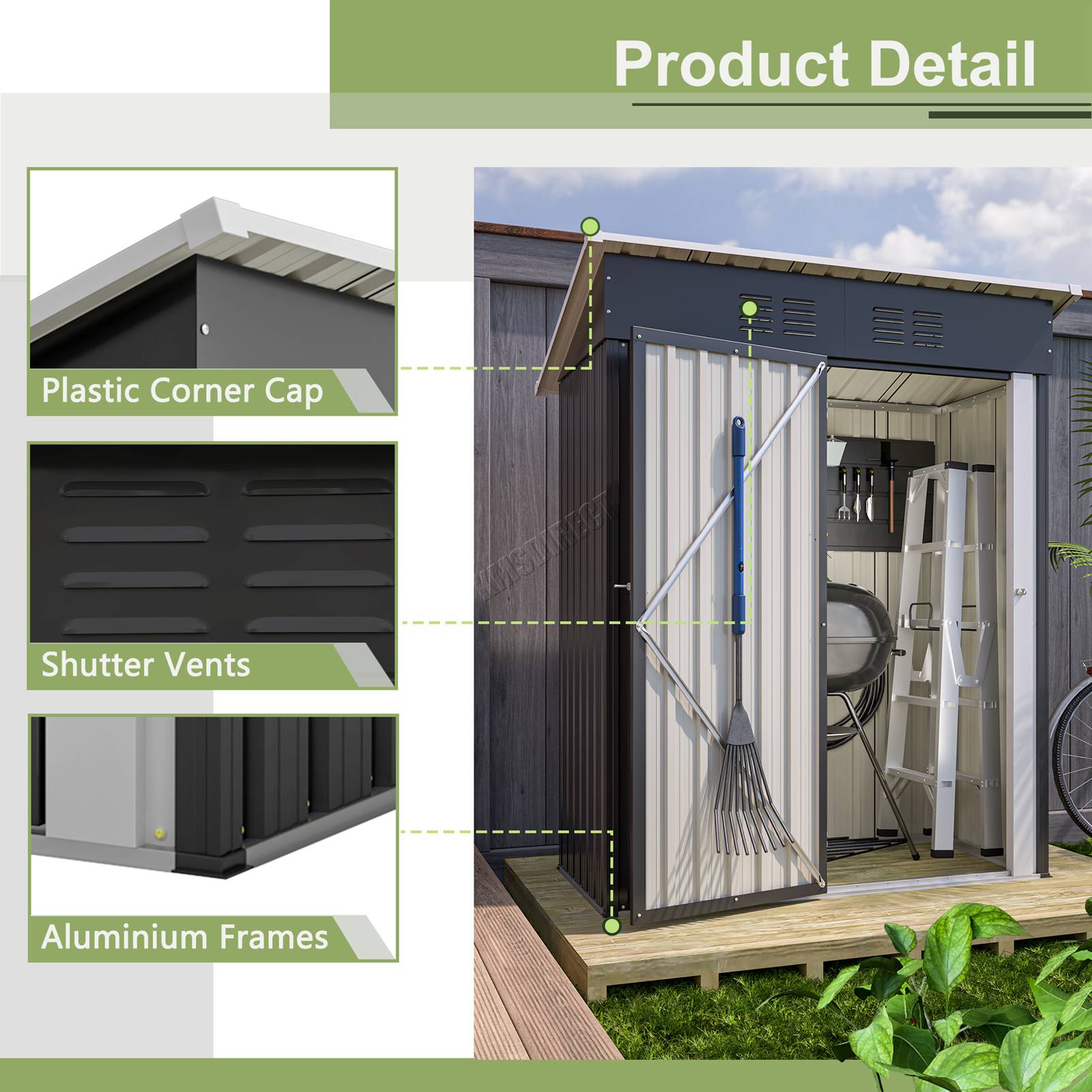 Outdoor garden pent roof shed with features highlighted on a white background