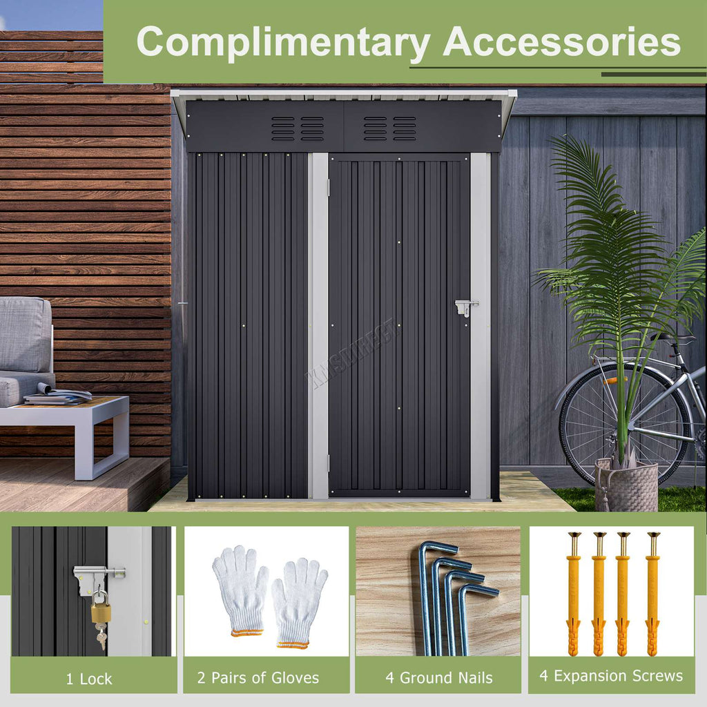 Outdoor garden pent roof shed showing complementary accessories including a lock, gloves, nails, and screws.