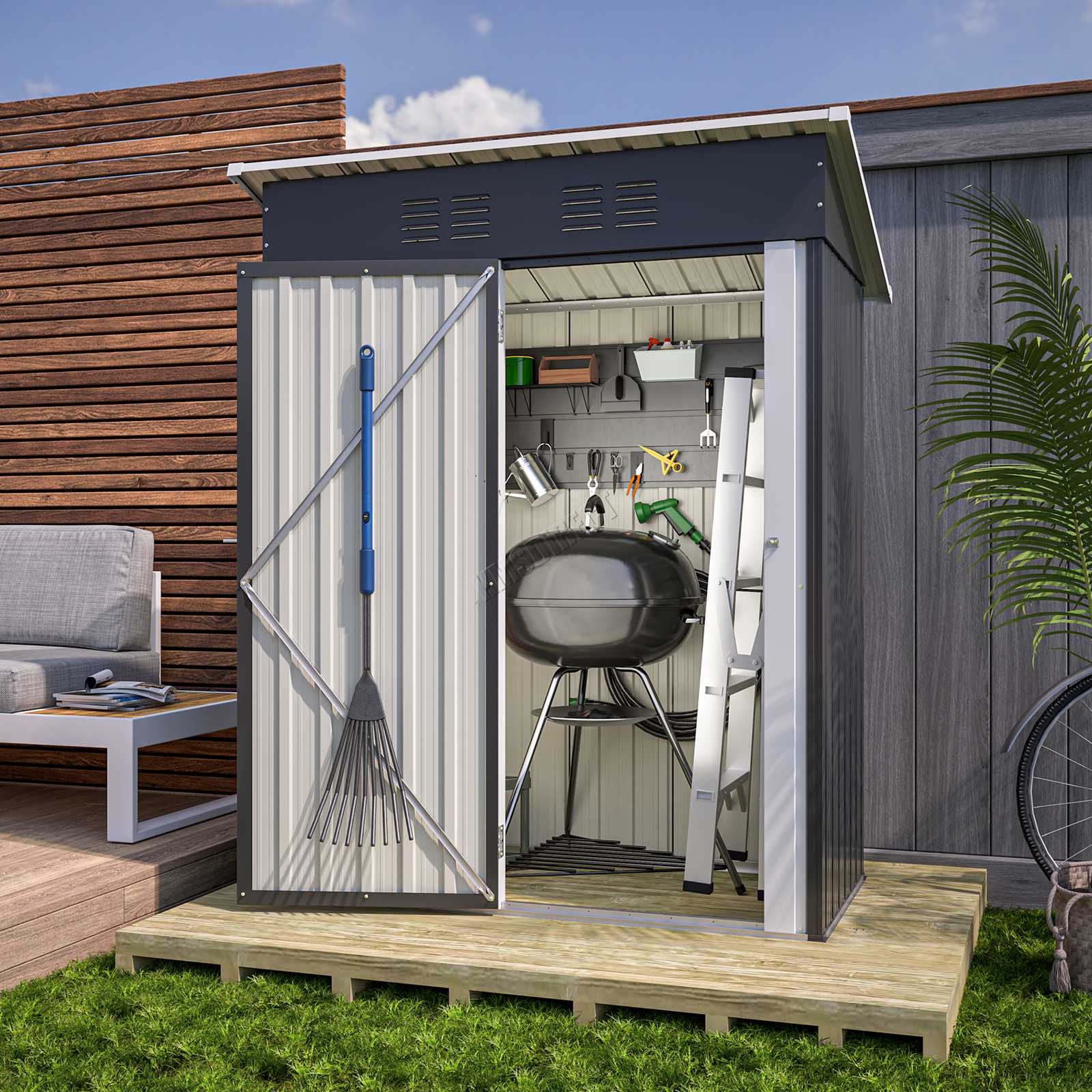 Small garden pent roof shed with open door showing interior, surrounded by outdoor furniture and plants.