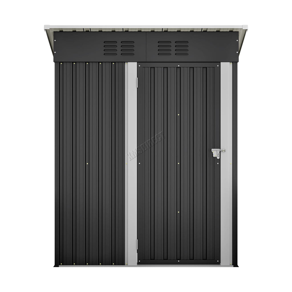 Anthracite metal storage shed with a pent roof on a white background.