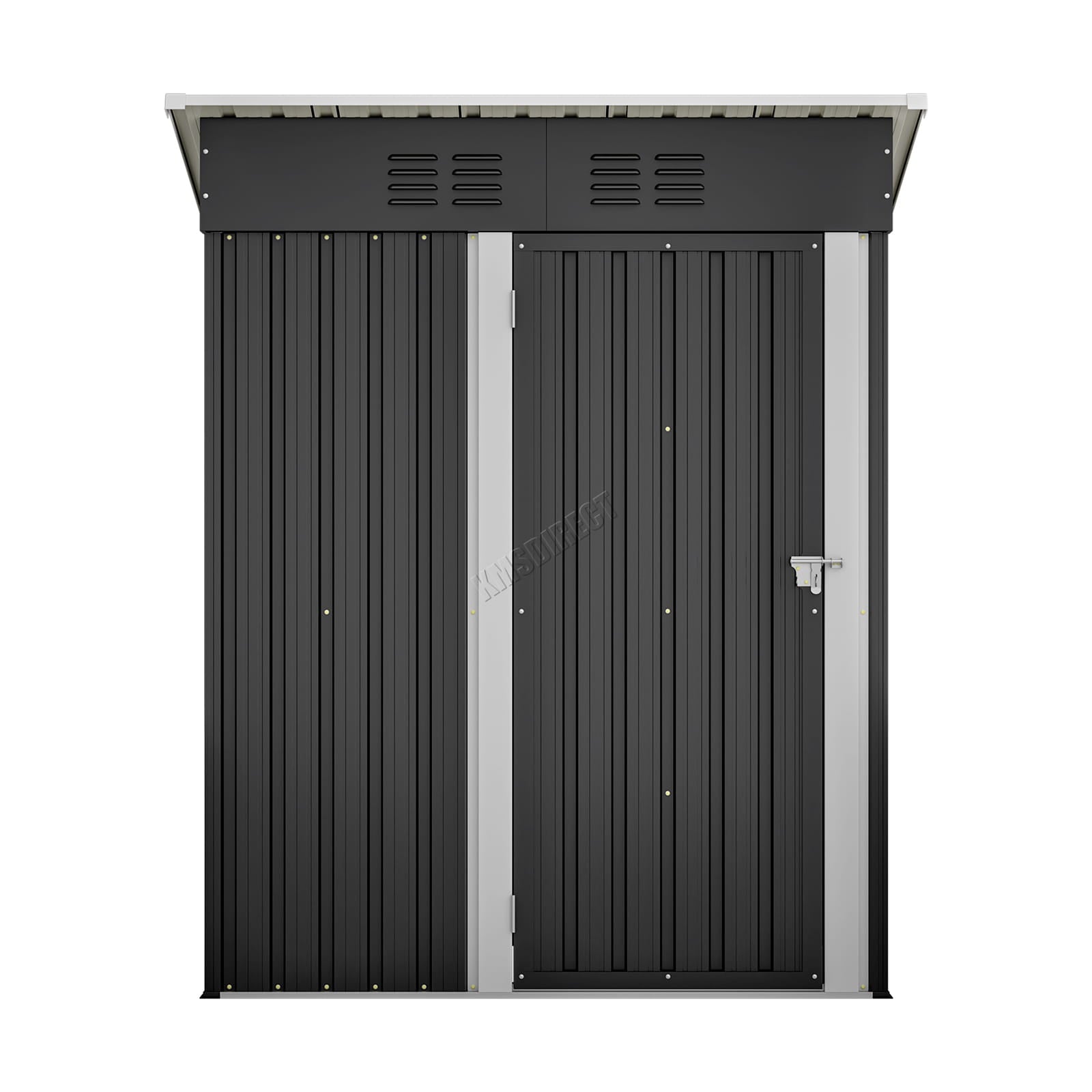 Anthracite metal storage shed with a pent roof on a white background.