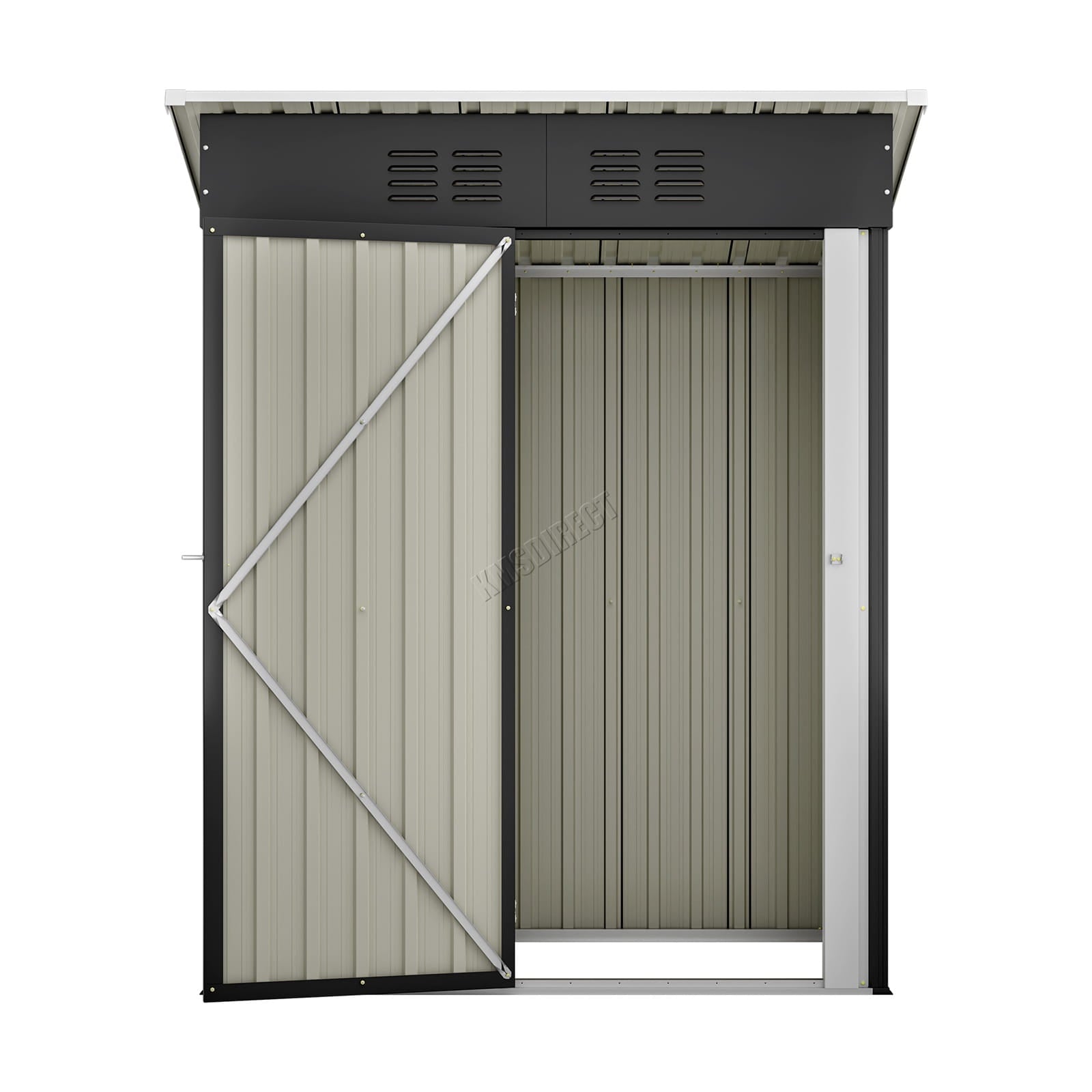 Metal pent roof shed with an open door on a white background