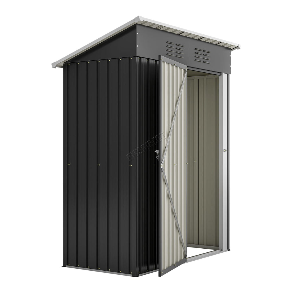 Small garrden shed with a black exterior and a pent roof on a white background