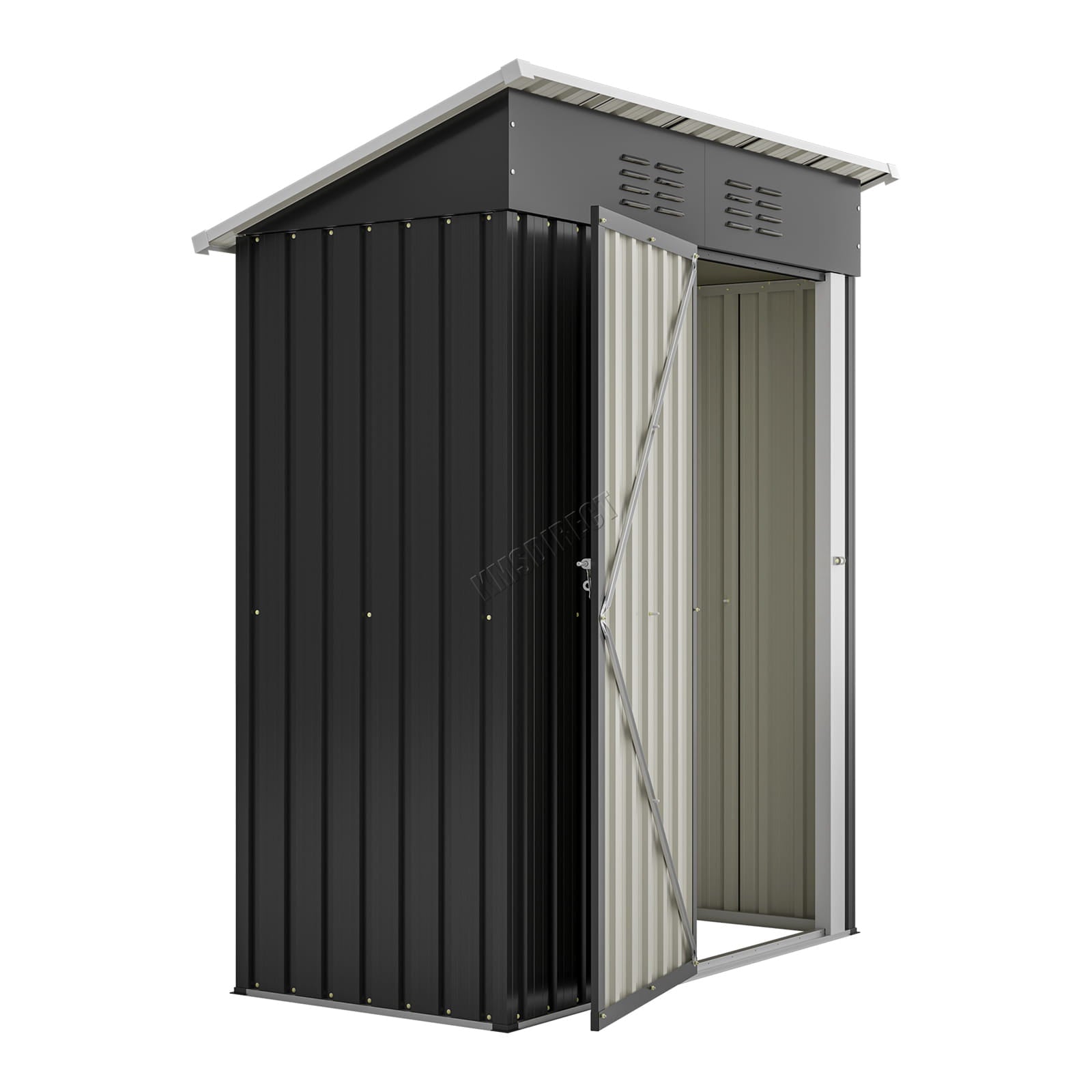 Small garrden shed with a black exterior and a pent roof on a white background