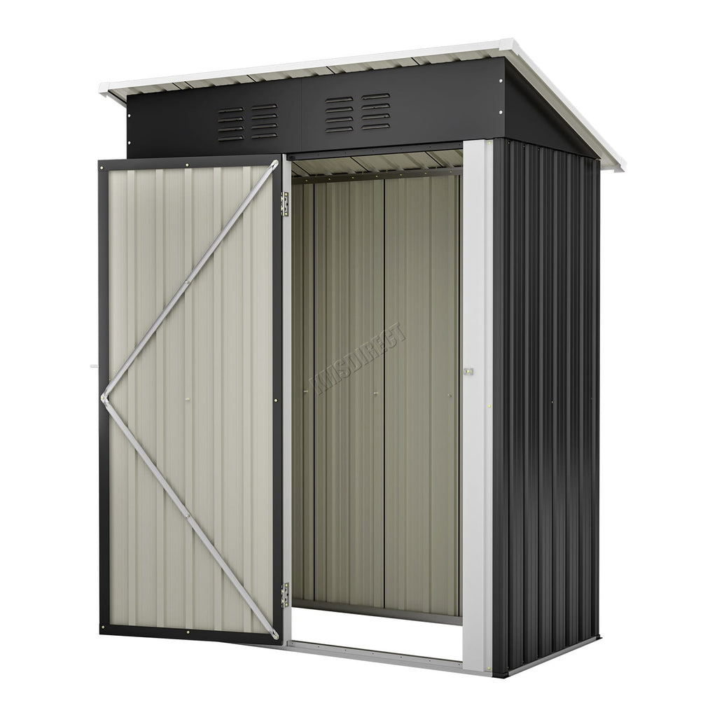 Metal storage garden shed with pent roof and an open door on a white background.