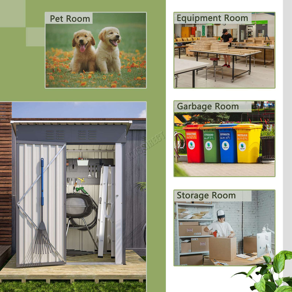 Collage of different uses for grey pent roof garden shed including: Pet Room, Equipment Room, Garbage Room, Storage Room.
