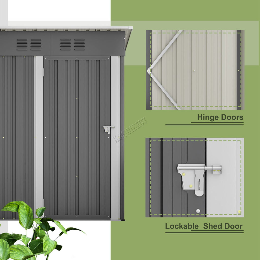 Grey metal shed with lockable and hinged doors on a green background.