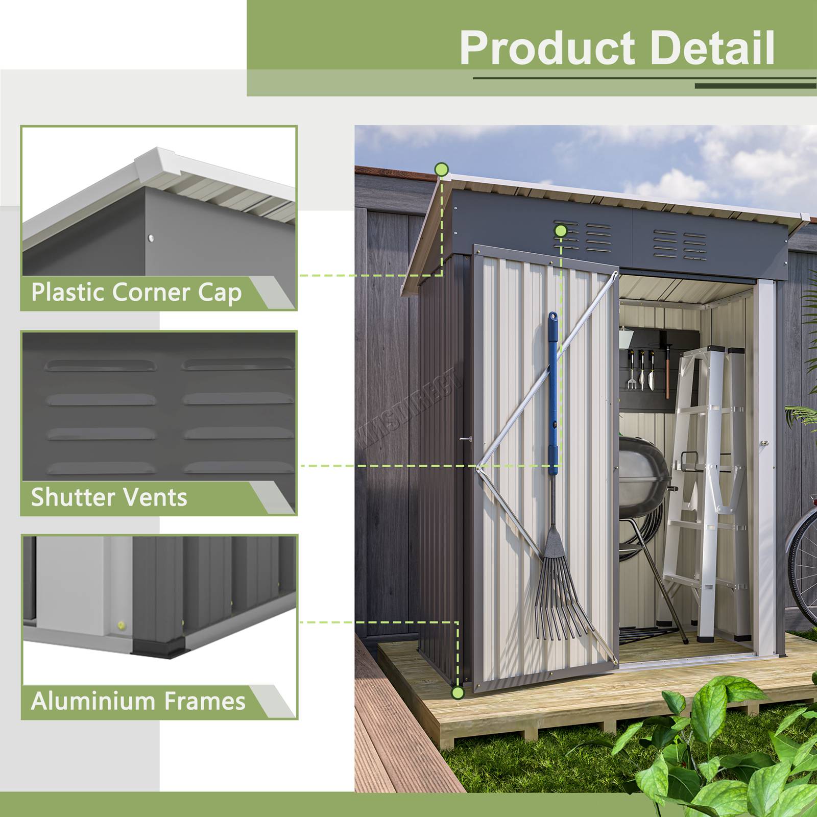 Garden pent roof shed with features highlighted on a white background