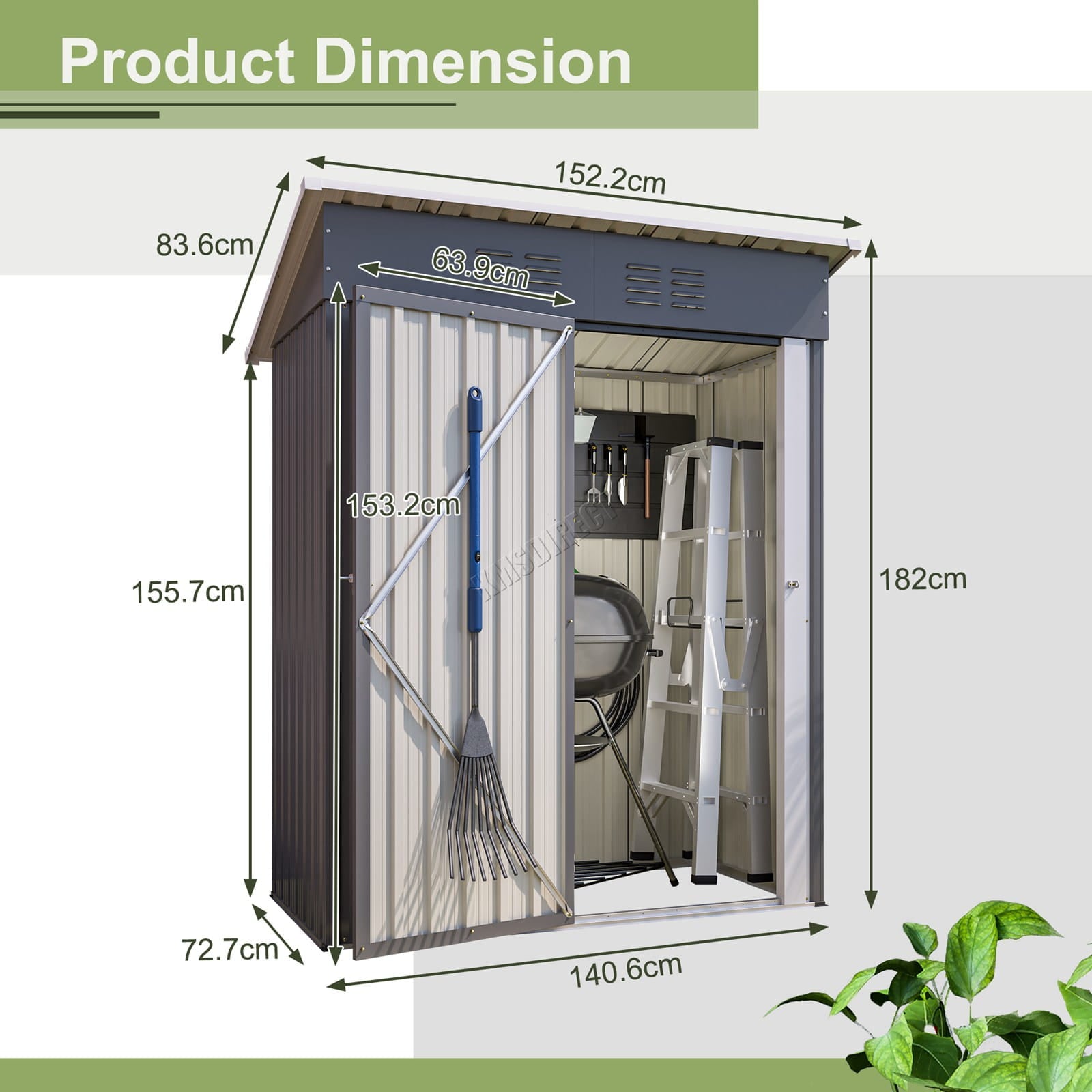 Measurement chart of the pent roof storage shed with dimensions labeled.