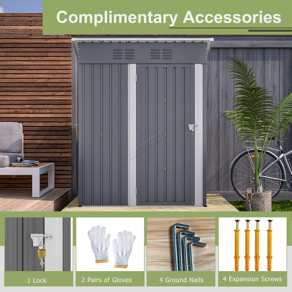 Outdoor storage garden shed with complementary accessories including a lock, gloves, nails, and screws.