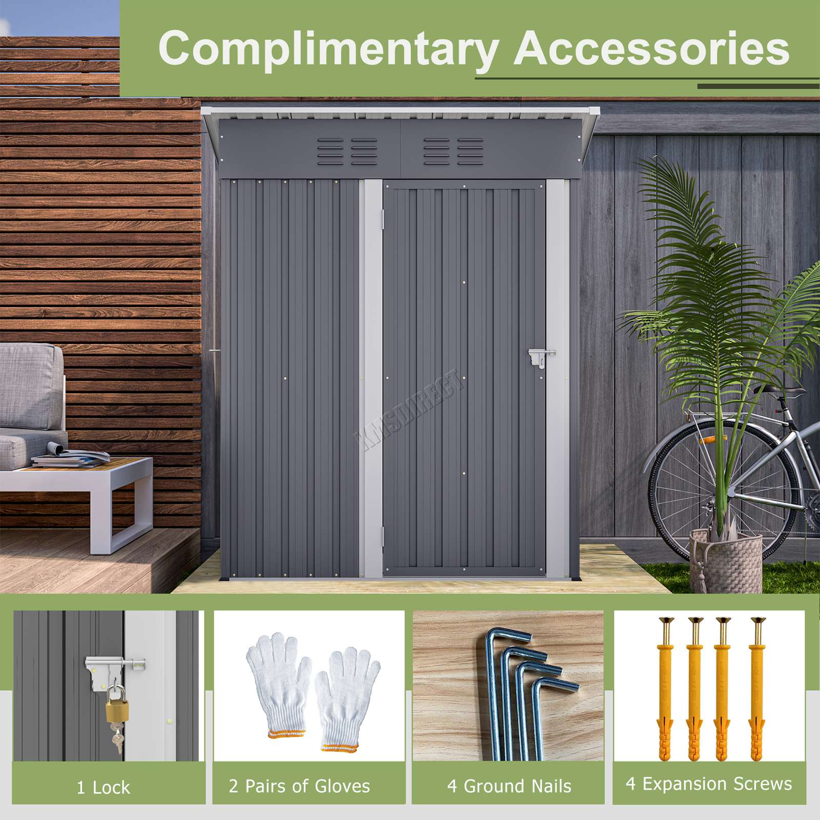 Outdoor storage garden shed with complementary accessories including a lock, gloves, nails, and screws.