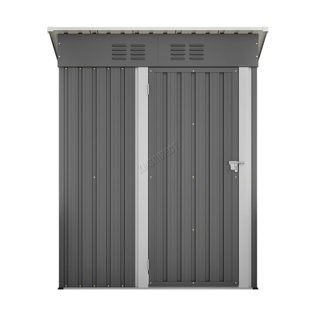 Grey metal storage shed with a door on a white background